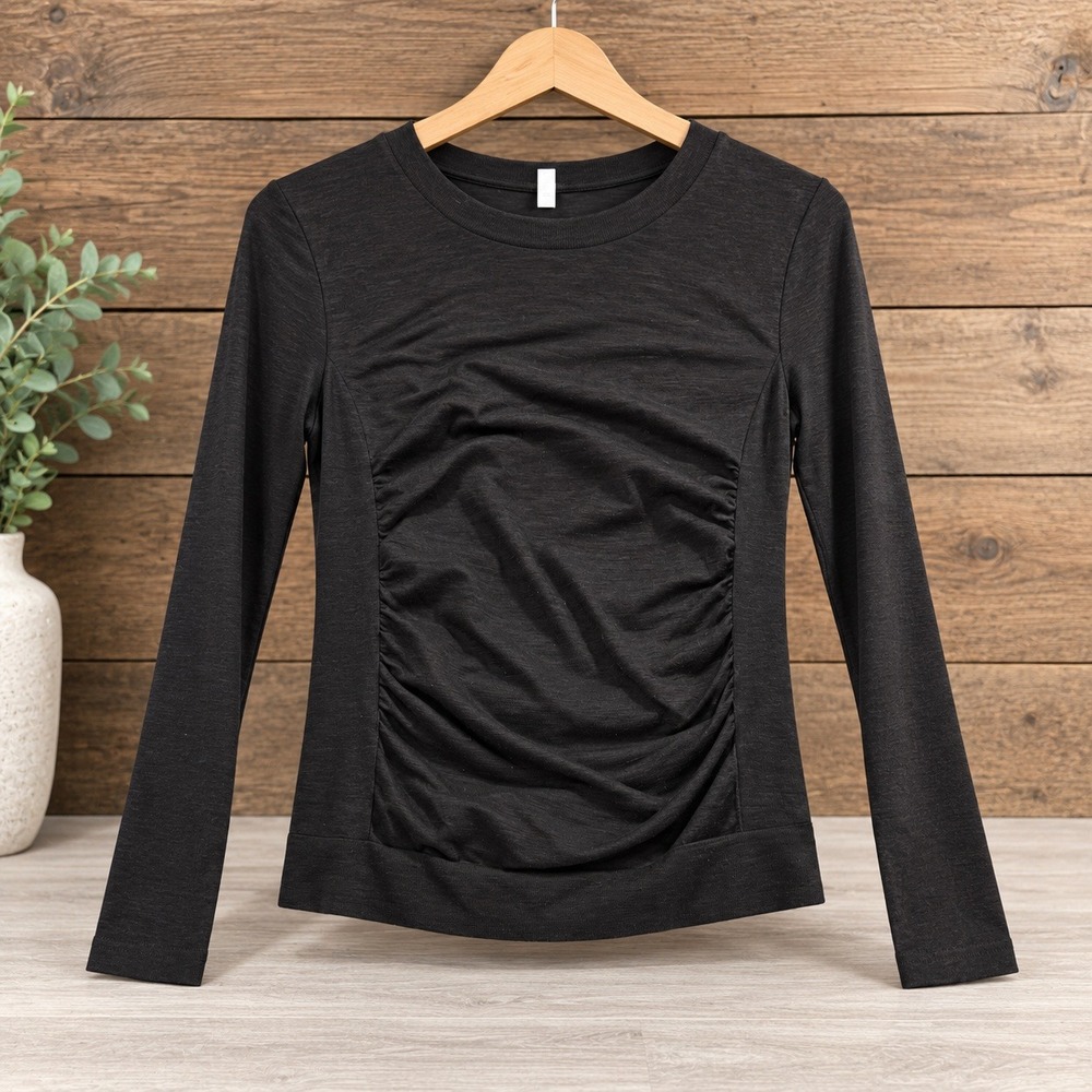 Athleta Merino Wool Blend Ruched Long Sleeve Top Small Black Activewear Fitted